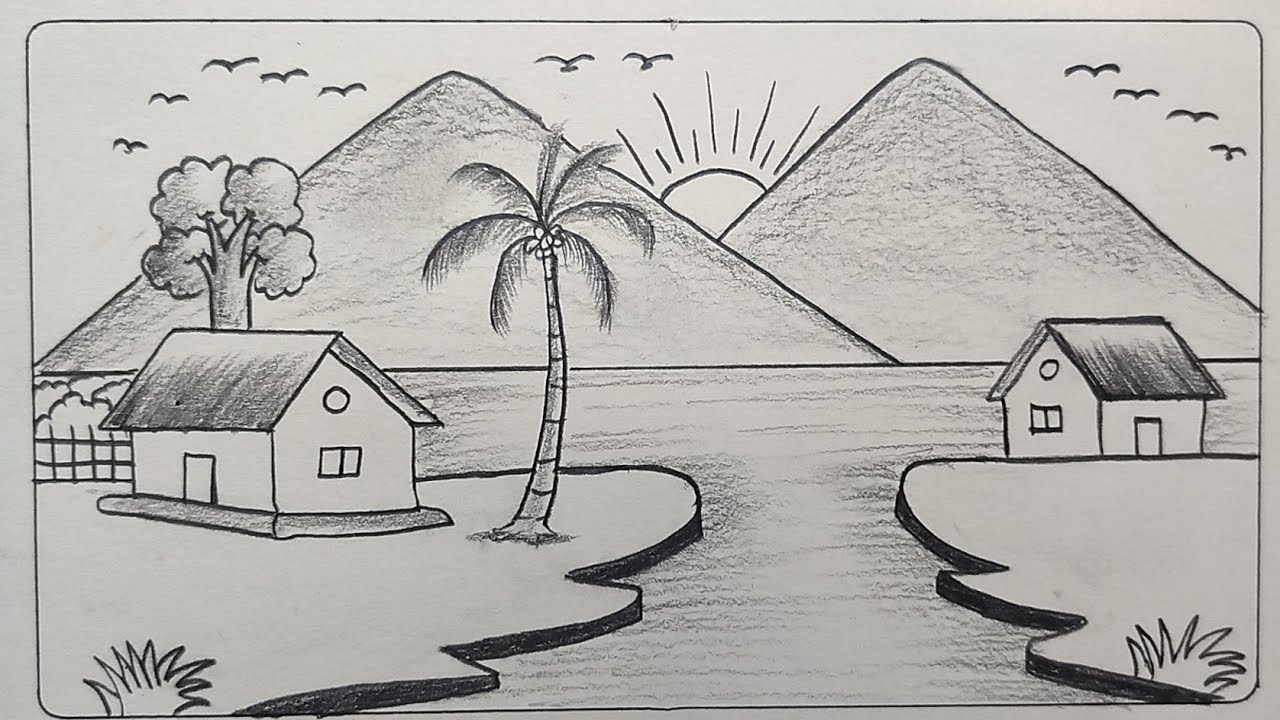 Mountain river house tree scenery drawing/ scenery drawing easy/ prakrutik drishya kaise banaen #art