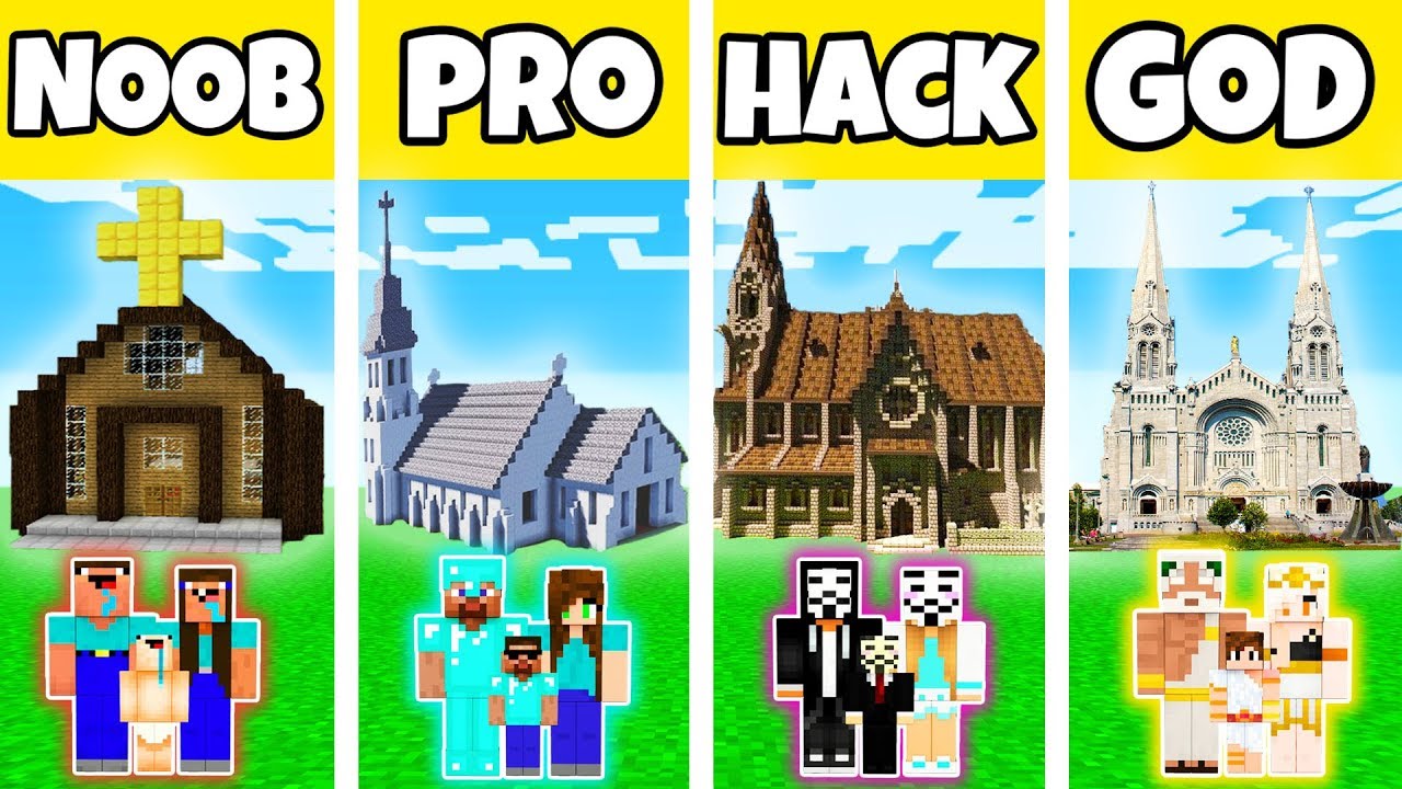 Minecraft: FAMILY CHURCH BUILD CHALLENGE - NOOB vs PRO vs HACKER vs GOD in Minecraft