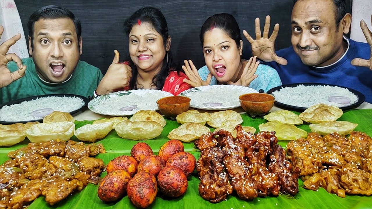 MASALA EGG CURRY CHILLI CHICKEN FULL KOPIR LOLIPOP PURI RICE EATING CHALLENGE // food family & more 