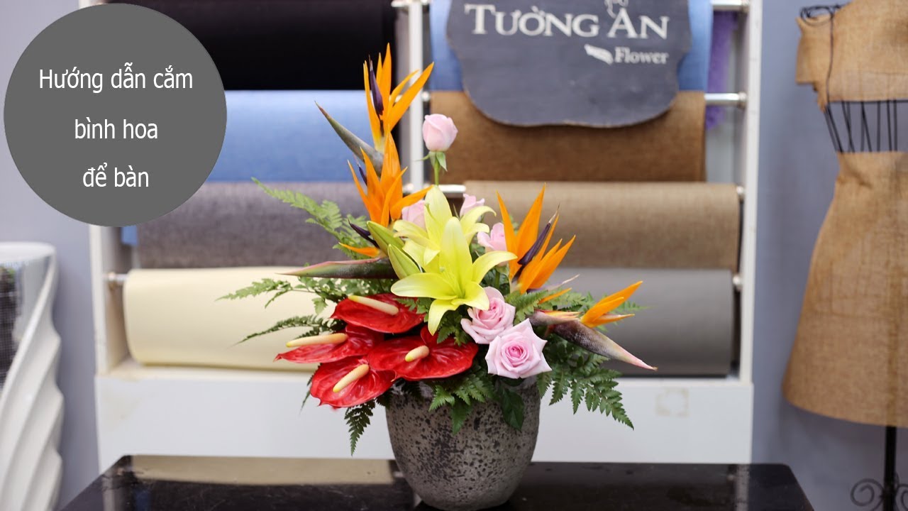 Hướng dẫn cắm bình hoa hồng, hoa ly, hoa thiên điểu mix với hoa hồng môn | hoa tươi Tường An