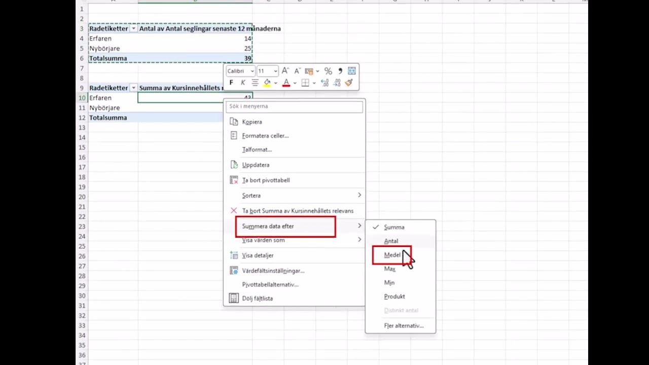 Skapa figurer och diagram från insamlade enkätdata med pivottabell i Excel