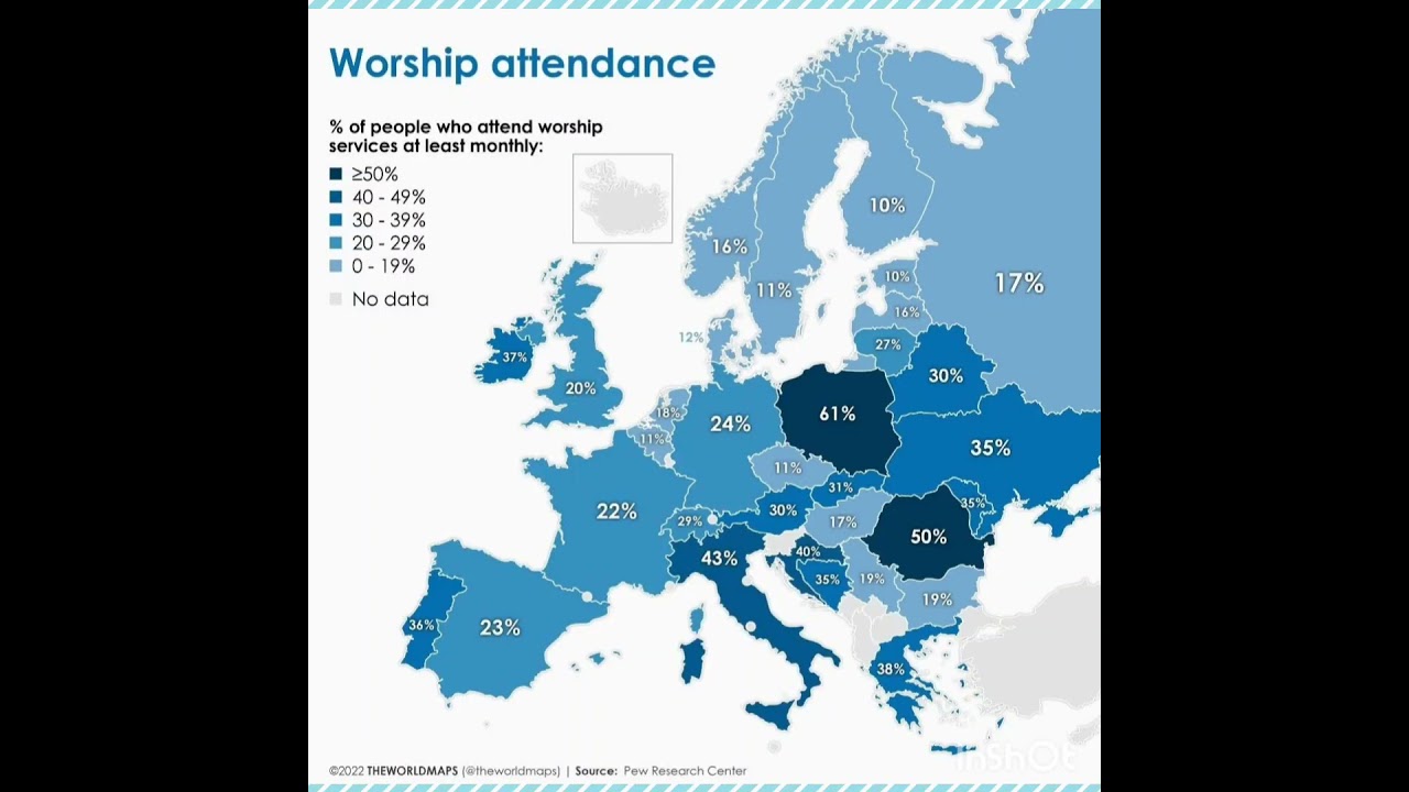 Worship attendance in European Countries! #map #europe #religion #worship #youtubeshorts #peace