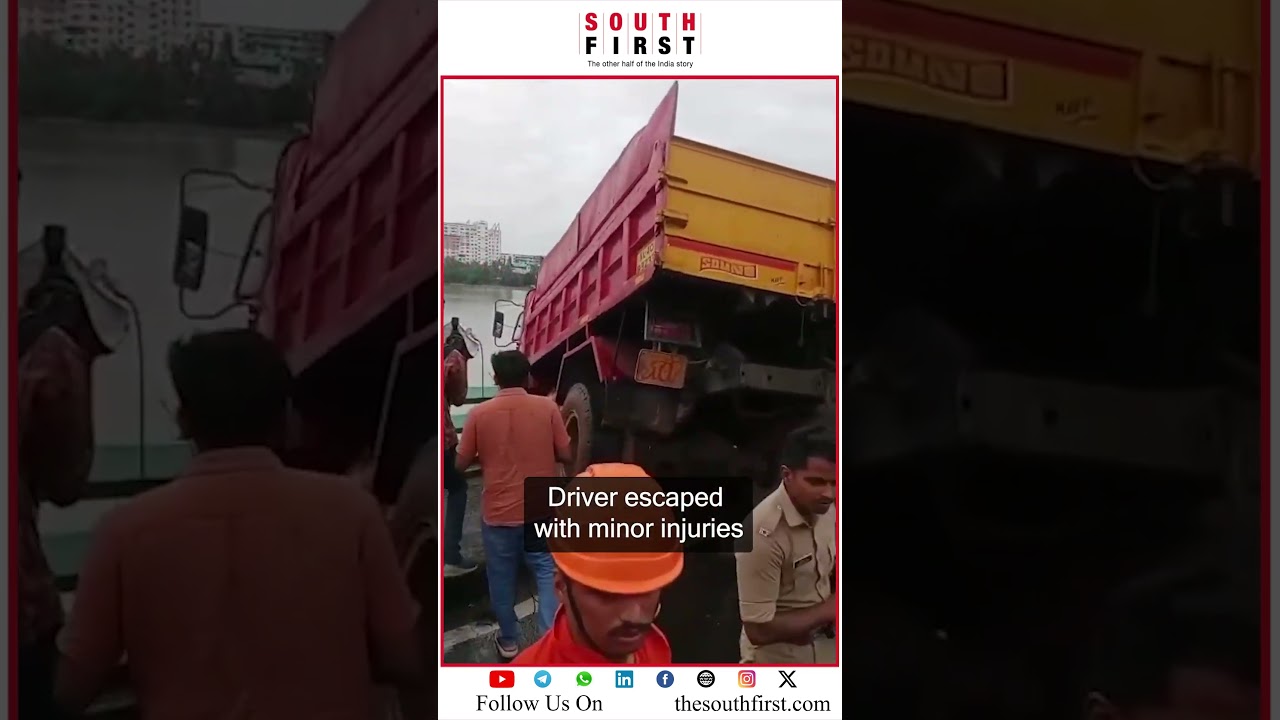 Kerala: Tipper lorry hangs off Kochi Bridge after crash, driver safe
