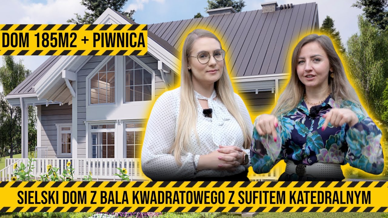 Sielski Dom z bala kwadratowego z wysokim salonem i antresolą w stylu uzdrowiskowym #projektydomów