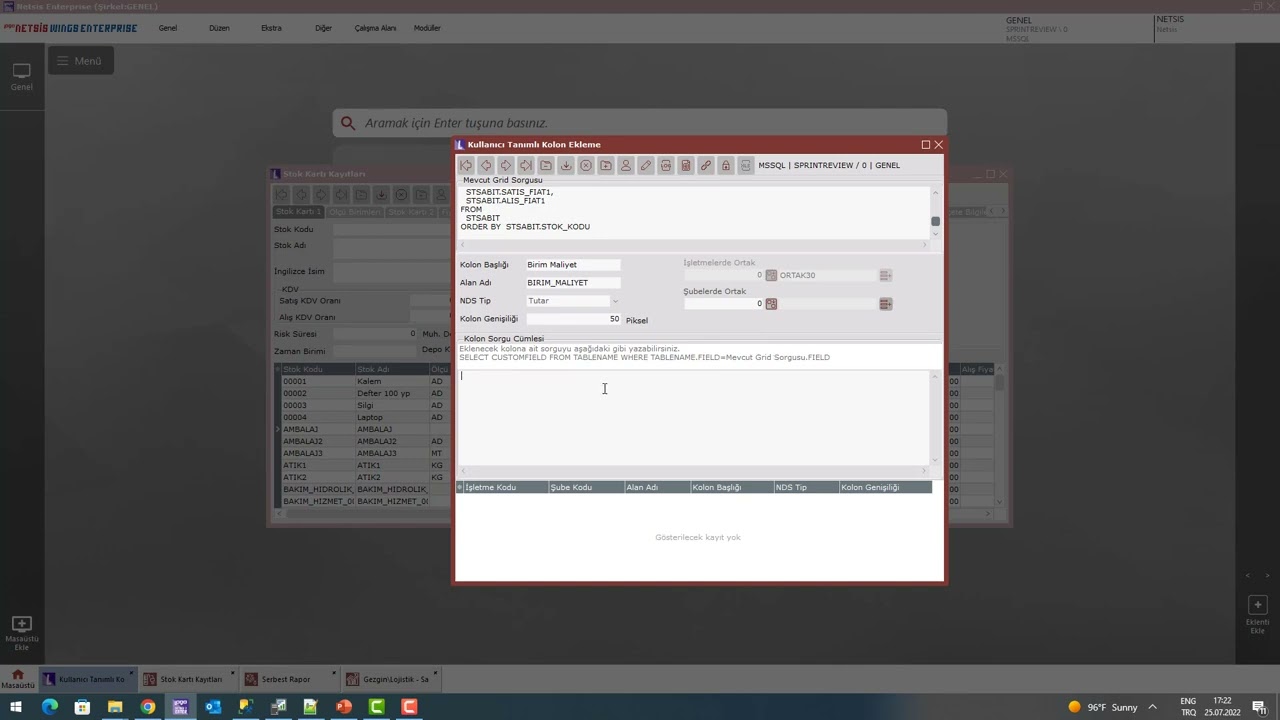 Netsis Grid &Uuml;zerinde Kullanıcı Tanımlı Kolon Ekleme
