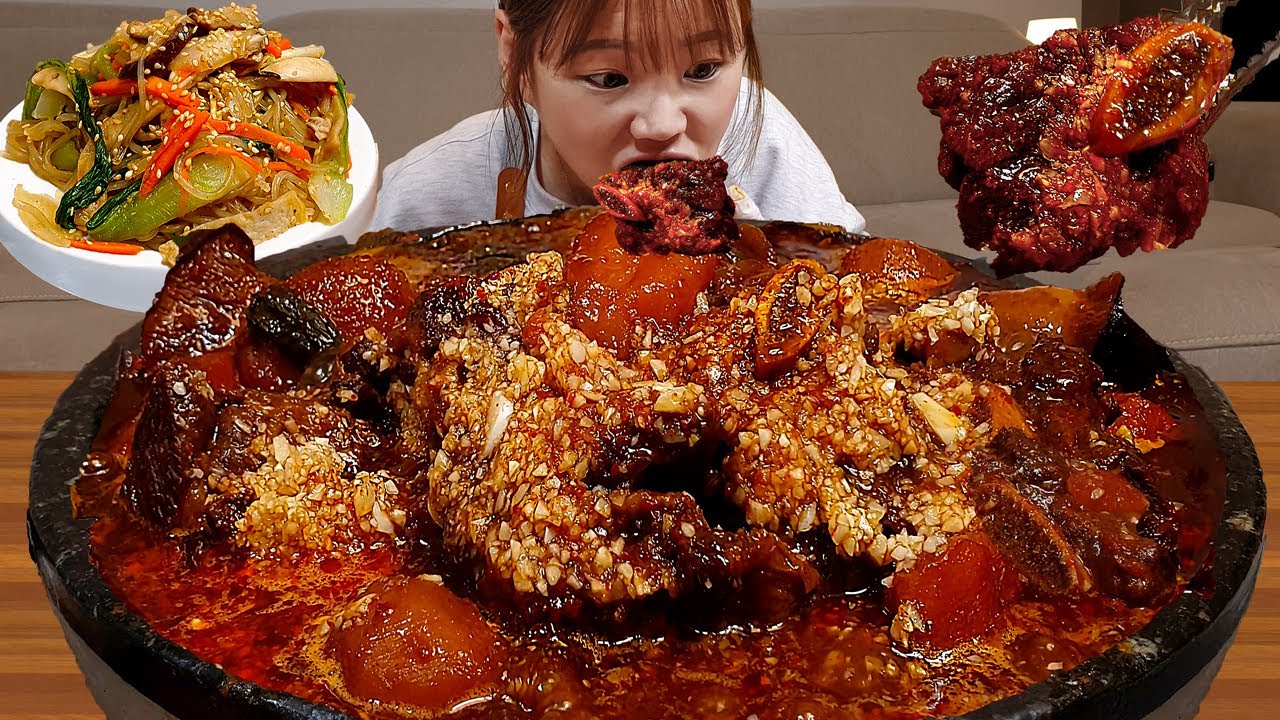 Sub)Real Mukbang- Острые говяжьи ребрышки «Чесночная бомба» 🔥 Лапша (Чапчхэ) 🍜 КОРЕЙСКАЯ АСМР-КУХНЯ
