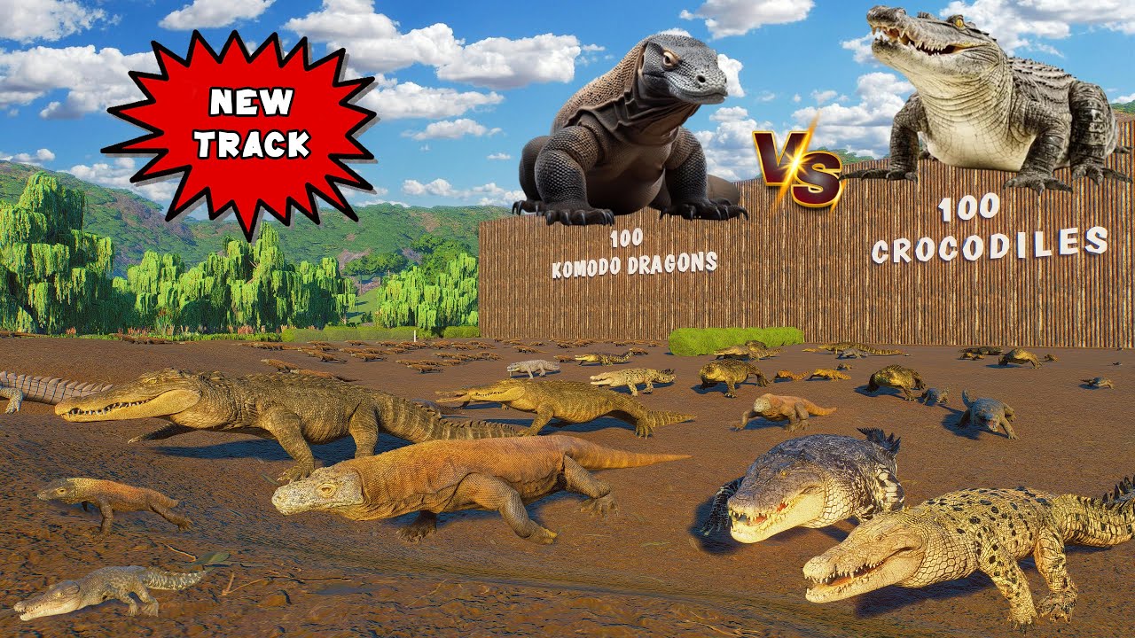 100 Komodo Dragons VS 100 Crocodiles Animals Race in Swamp Track Planet Zoo Included Their Babies