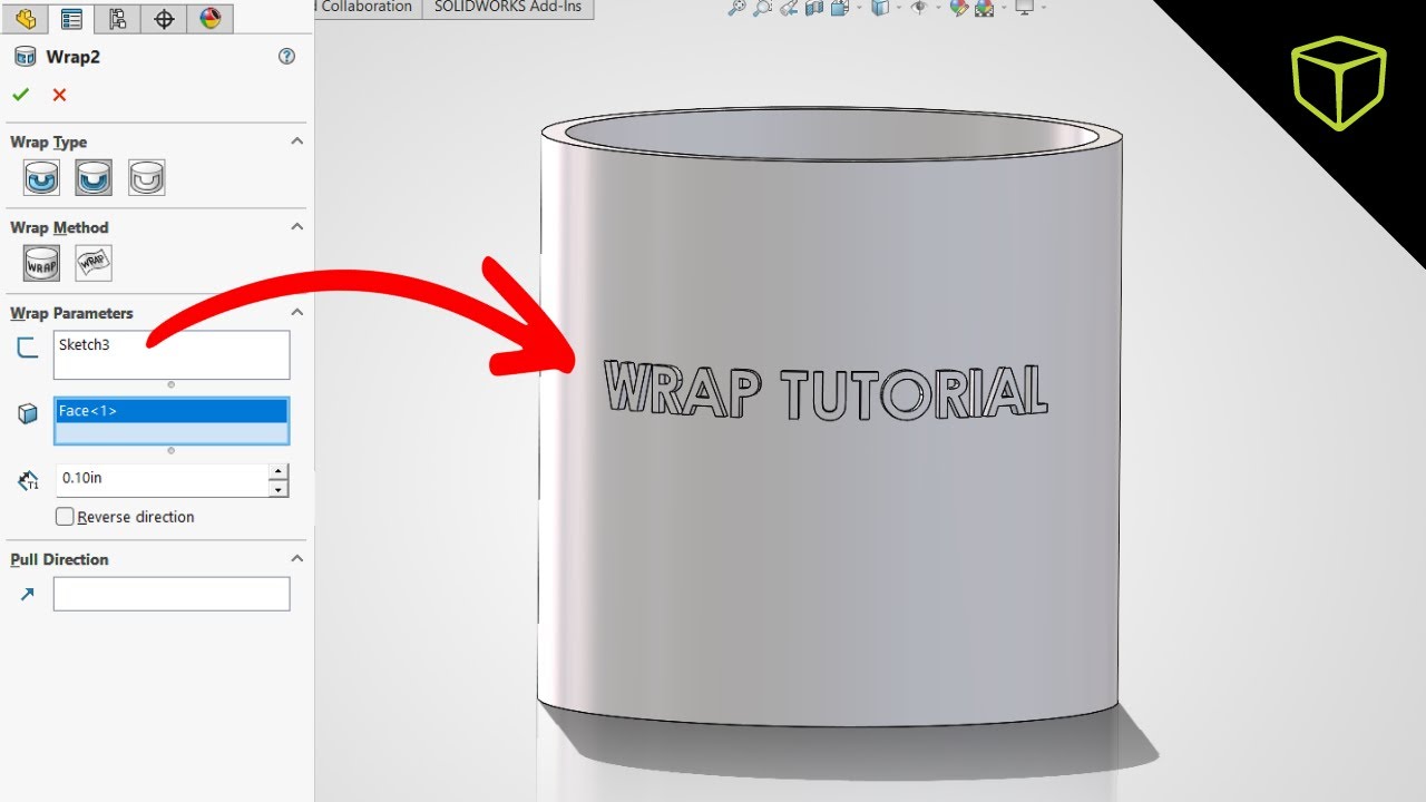 Как использовать функцию обертывания в SOLIDWORKS (тиснение, деформация или разделение грани)