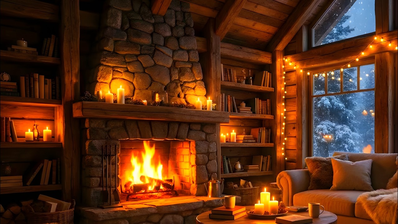 Cozy Winter Cabin Fireplace Ambience ❄️ Crackling Fire & Snowy Night for Sleep, Relax & Study