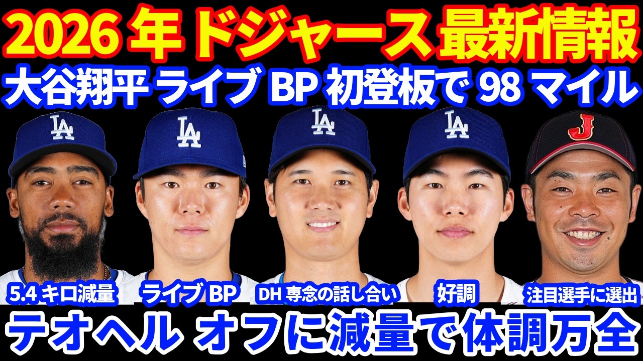 2026年 ドジャース最新情報‼️ 大谷翔平 今季初ライブBP登板で98マイル⚾️ WBC打者専念についてフリードマンが明かす⚾️ 山本由伸もライブBP登板　OP戦登板後にWBCへ合流✈️ テオ減量
