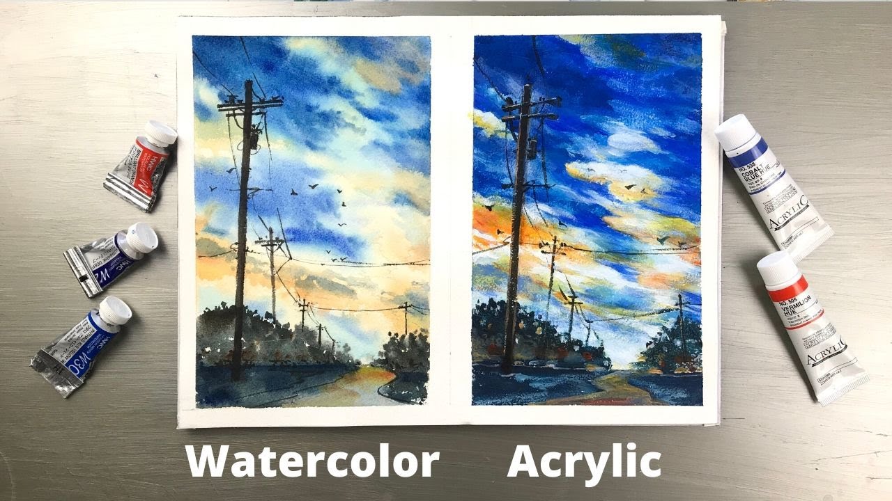 WATERCOLOR vs ACRYLIC Painting Series 1 on Same Topic -Landscape-Tutorial for Beginners