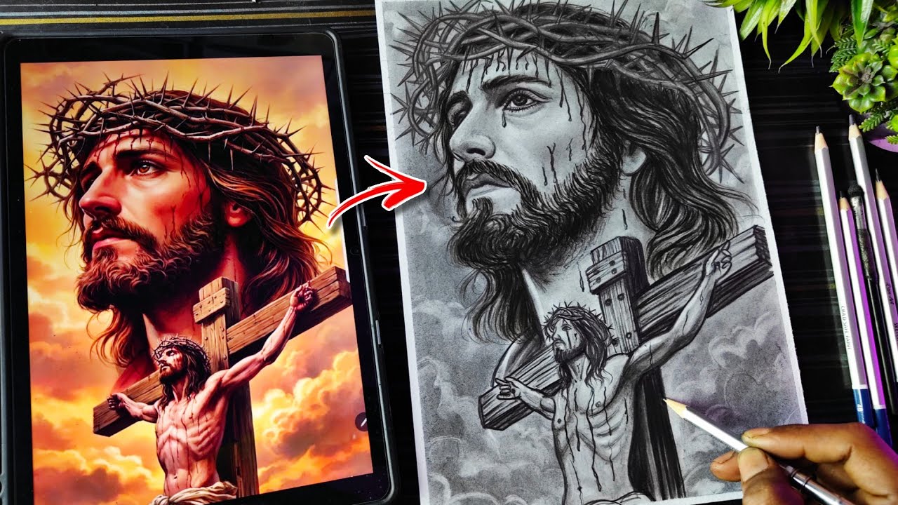 Lord Jesus Drawing Sketch, Jesus Christ On the Cross Drawing, Christmas Drawing, Step By Step