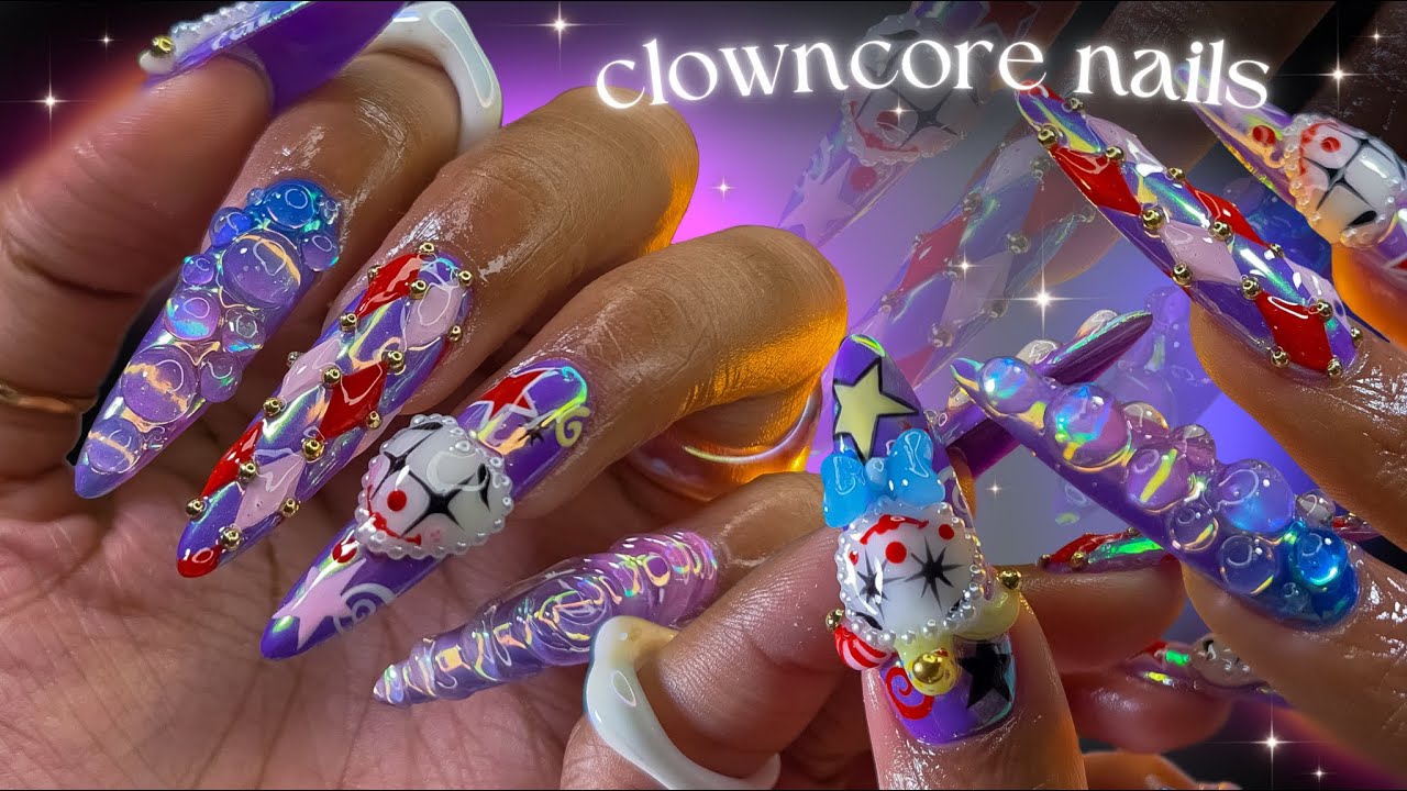 Clowncore Gel Nails🎪🎈✨| gel tip extensions + intricate nail art💜