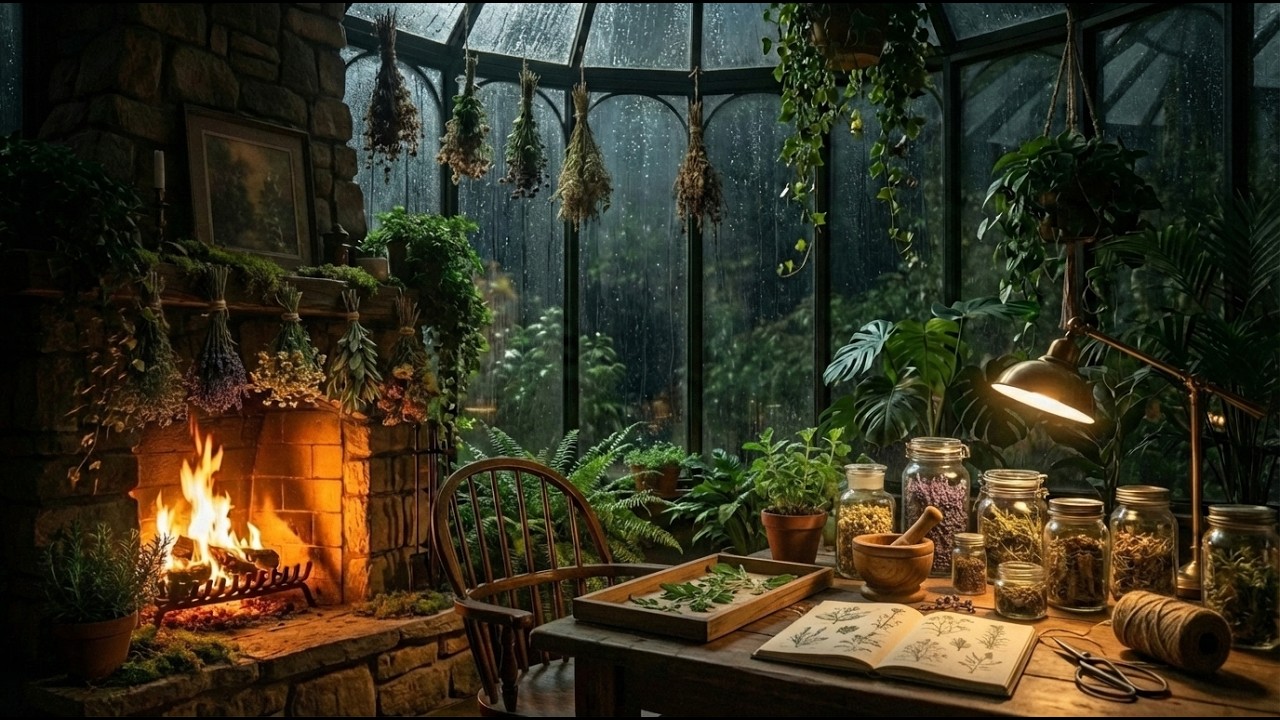 Green Witch Apothecary (No Music) | Cozy Fireplace in a Rainy Greenhouse | 6 Hours 🌿