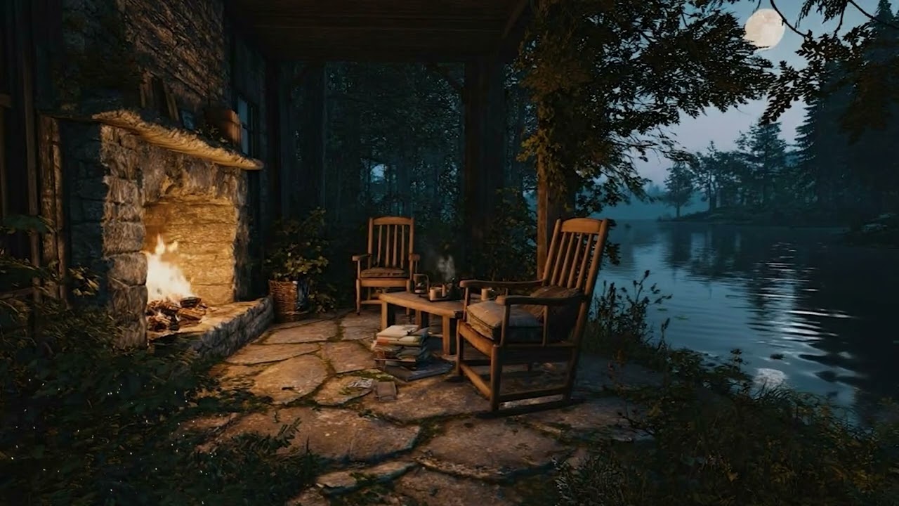One Hour to Forget the World 🌙 Cozy Forest Cabin | Sound of Stream and Fire,  Sound of Frogs