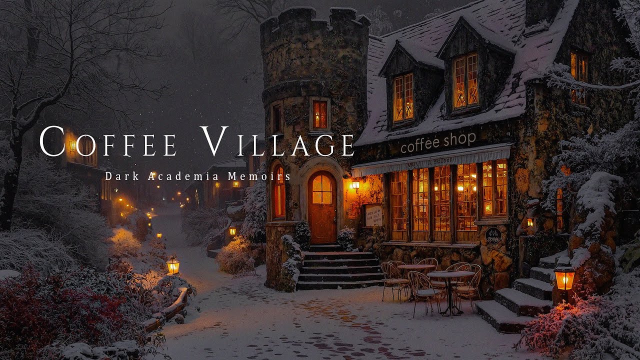 Soft Wind Sounds in a Winter Coffee Village ❄️ Dark Academia Night and Piano for Study & Deep Focus