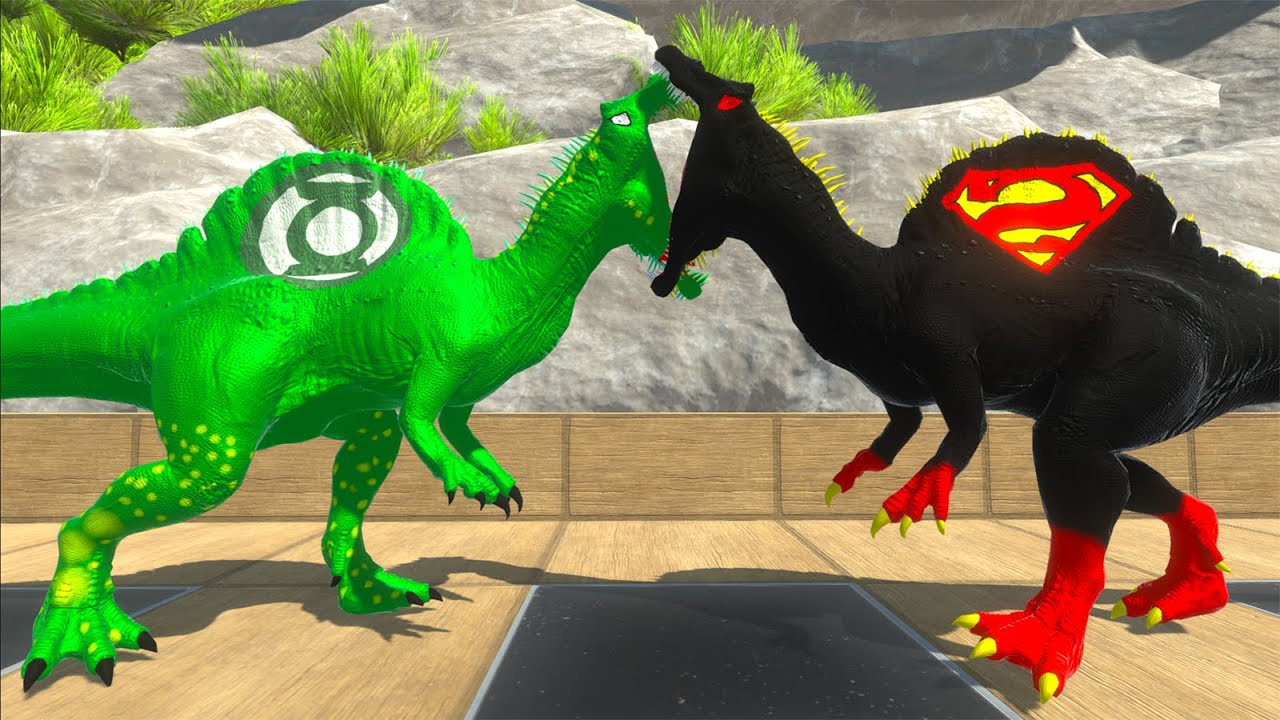 GREEN LANTERN SPINOSAURUS vs DARK SUPERMAN SPINOSAURUS DEATH RUN - Animal Revolt Battle Simulator