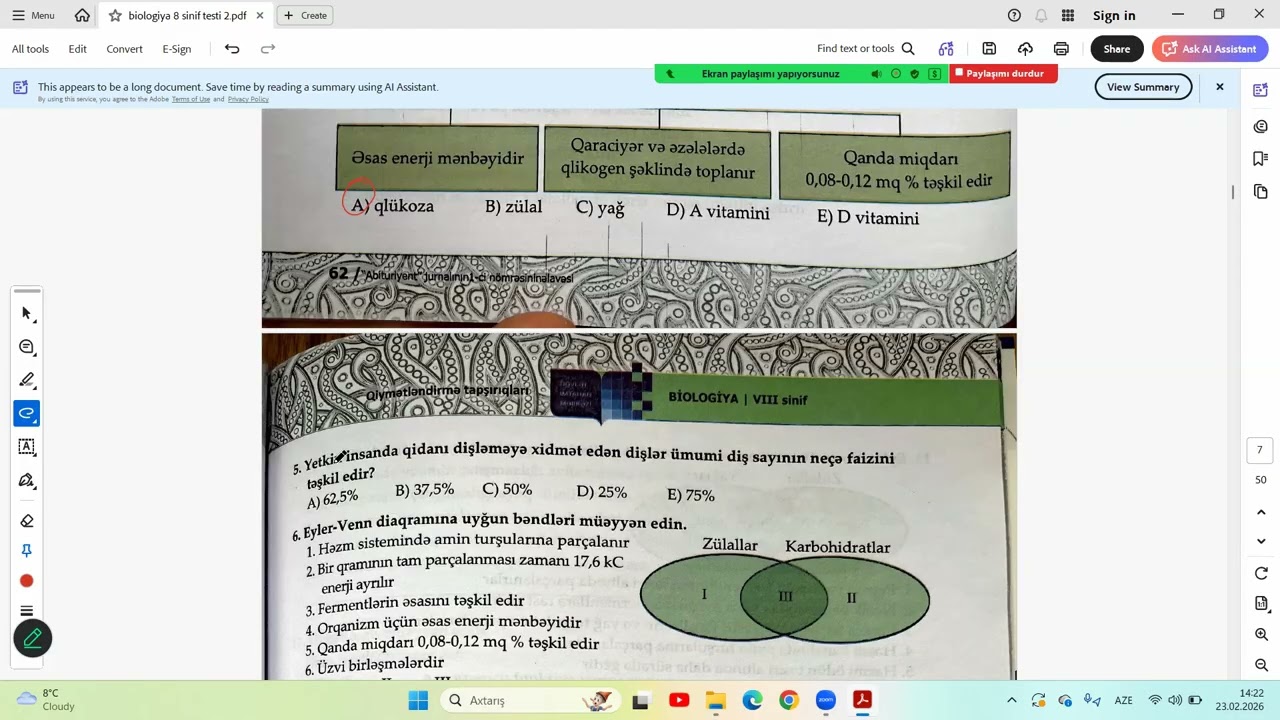 8ci sinif biologiya DİM2025 test izahi Hezm ve qidalanma seh 57-65