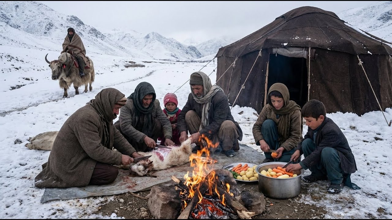 Cold Winter Day In An Afghan Nomadic Tent  Slaughtering Goats And Survival