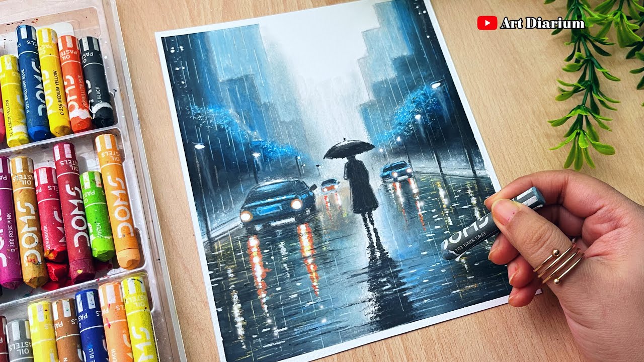 Rainy Night Cityscape with Oil Pastels | Street Scene Drawing step-by-step