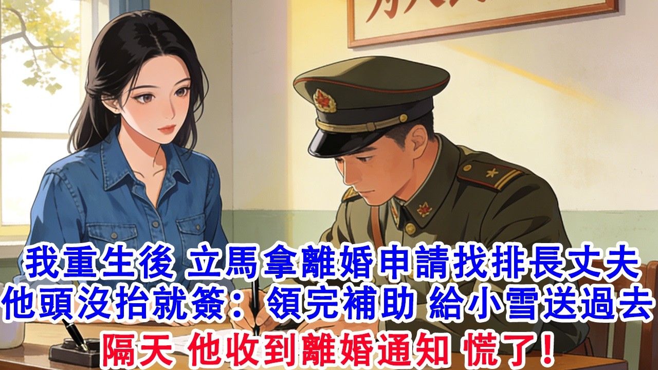 【完結爽文】我重生後 立馬拿著離婚申請書找排長丈夫  他頭都沒抬就簽字：領完補助 記得給小雪送過去  隔天 他收到離婚通知 慌了！#故事 #重生 #爽文 #重生故事 #情感 #小說 #完結 #動漫