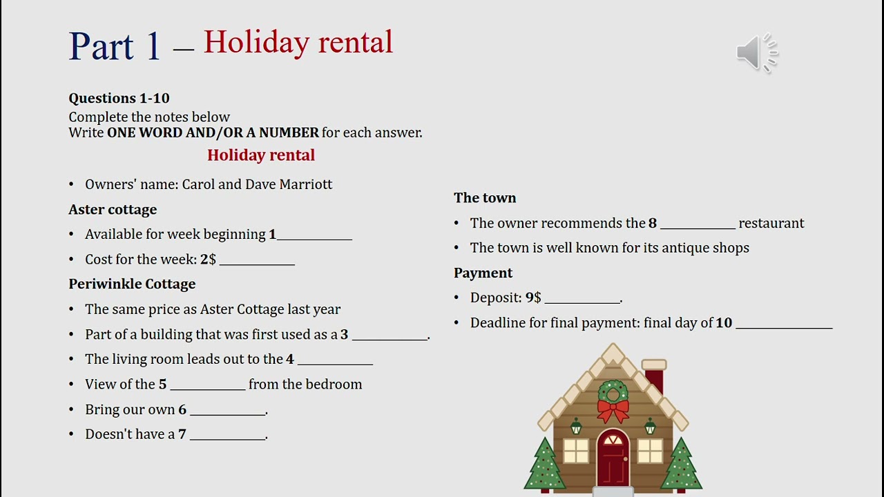 IELTS listening actual test Part 1: Holiday cottage rental (answer+ transcript)