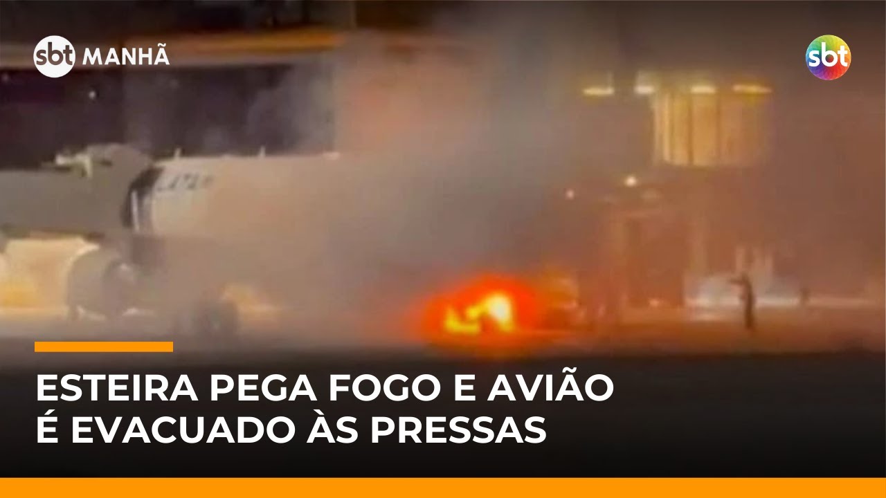 SBT Not&iacute;cias/SBT Manh&atilde;: Avi&atilde;o &eacute; evacuado &agrave;s pressas ap&oacute;s esteira de bagagens pegar fogo em Guarulhos
