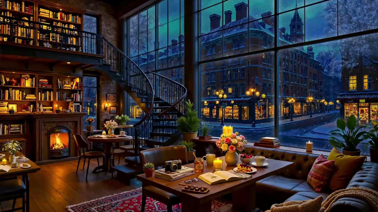 Snowy Night Cafe Ambience with Warm Piano Jazz ❄️ Smooth Jazz for Relax & Study