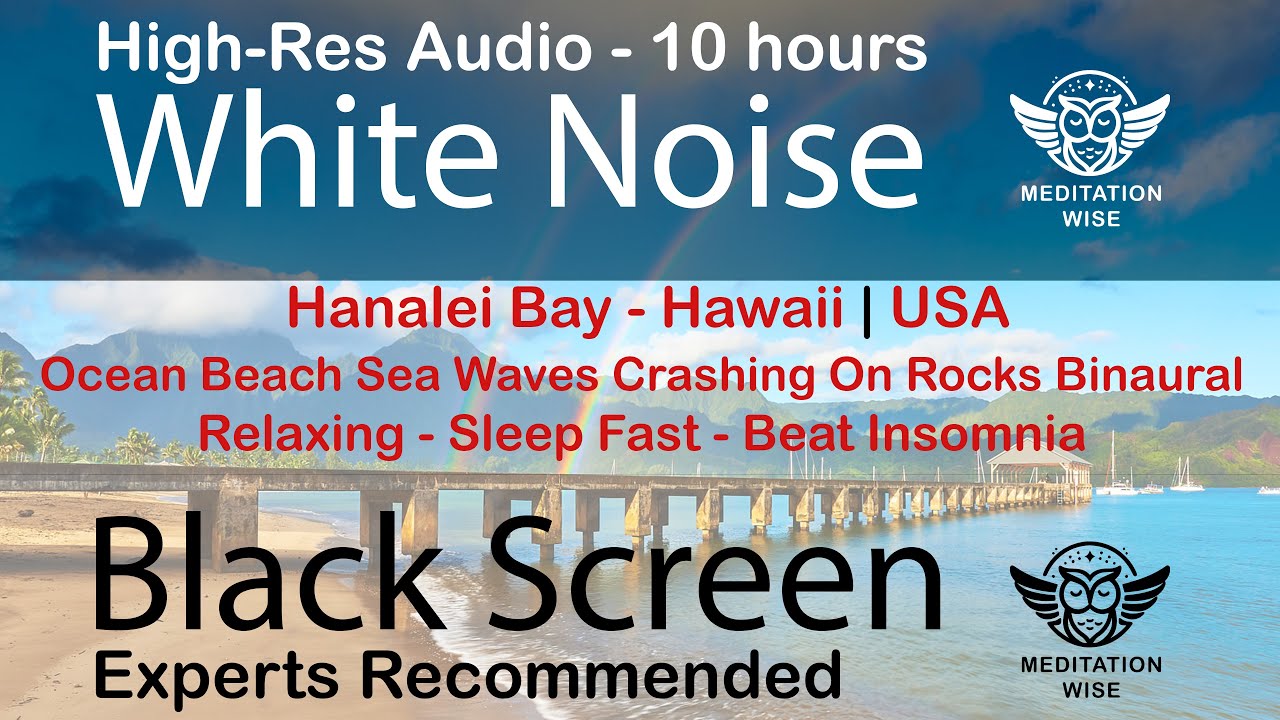 Hanalei Bay, Hawaii Ocean Beach Sea Waves Crashing On Rocks Binaural Sleep, Study, Focus White Noise