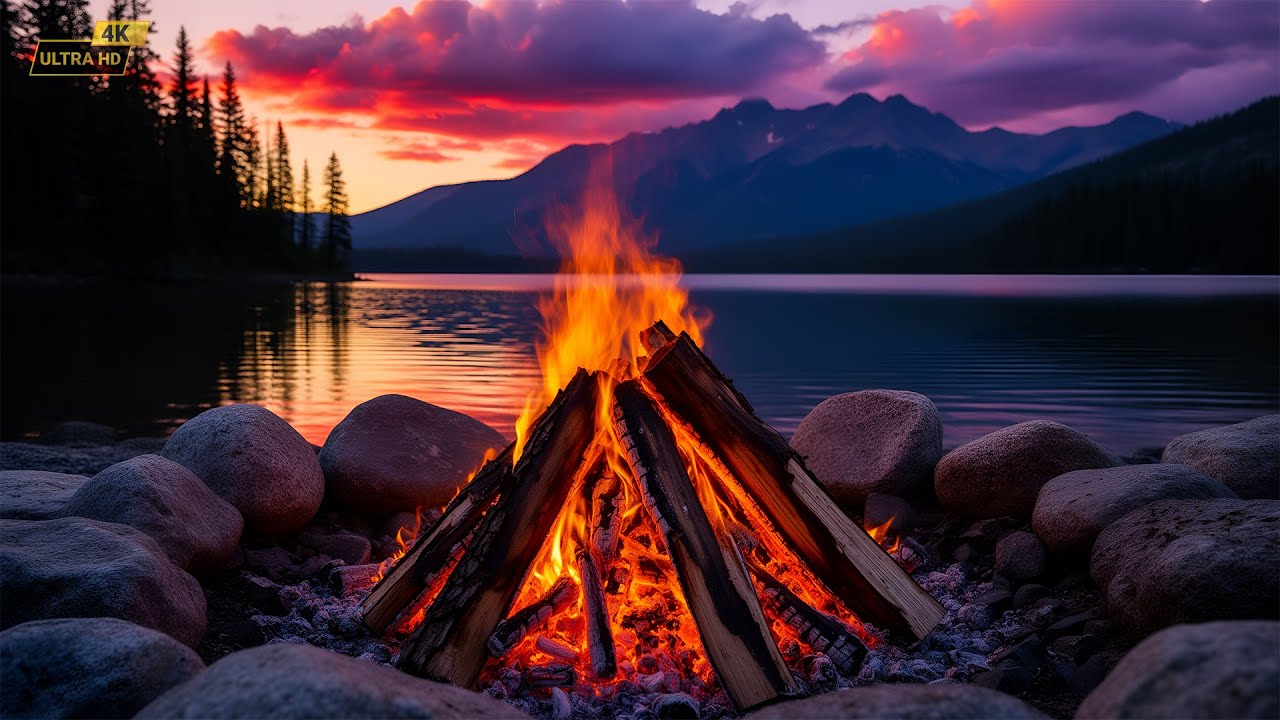12 Hours 4K Campfire by the Lake Birds, Water & Fire Sounds | Relaxing Nature ASMR for Sleep & Focus