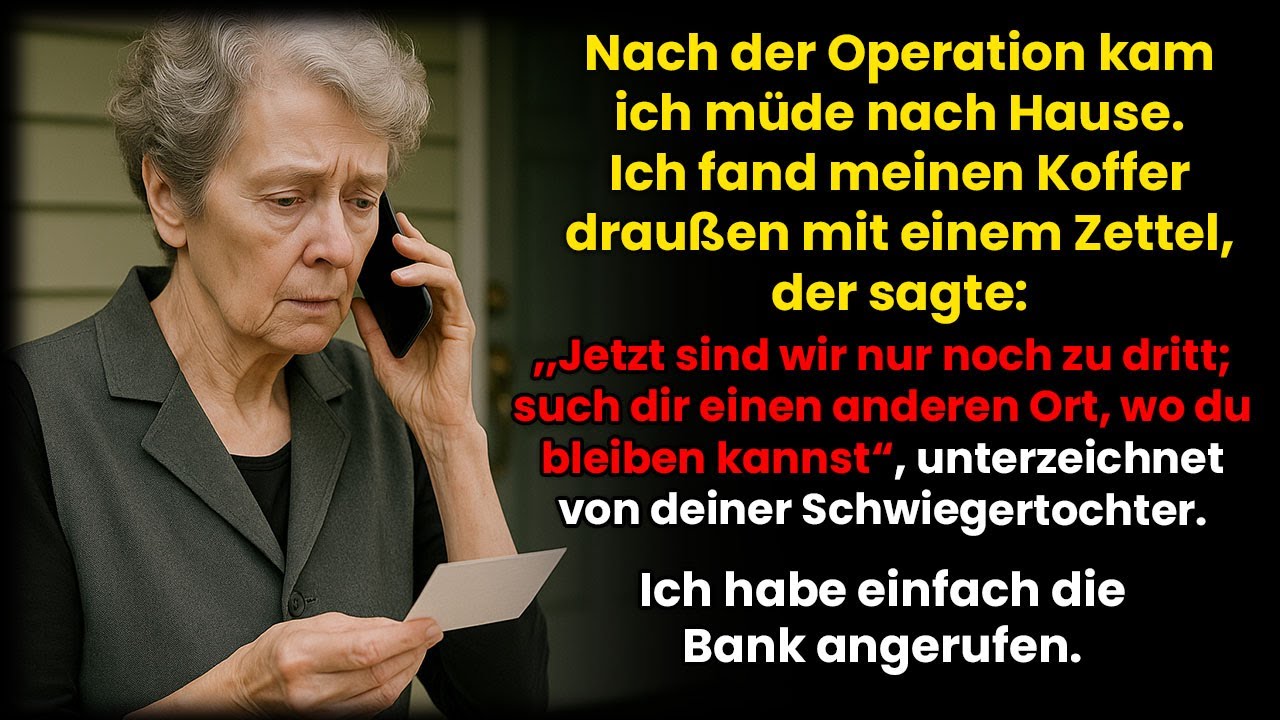 Nach der OP nach Hause – Koffer vor der Tür mit Zettel; 
