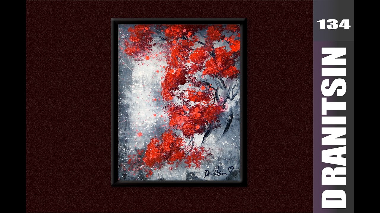 How to paint bright red tree in monochrome abstract background | Easy Acrylic Painting Techniques
