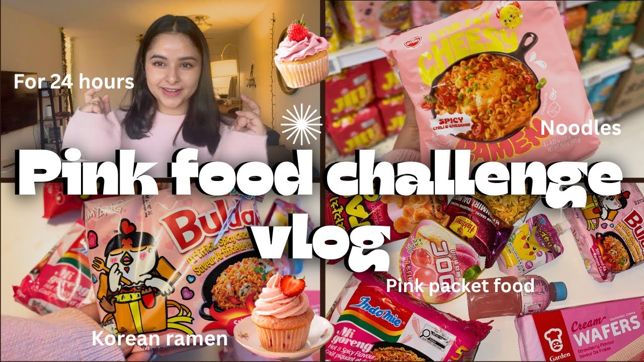 ✨Vlog: 24 Hours PINK Food Challenge 🌸|  🍓Korean Noodles & Snacks | 💗Aesthetic Vlog 