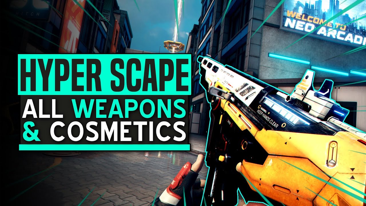 Hyper Scape ALL Weapons & Cosmetics Overview, Battle Pass, Weapon Animations