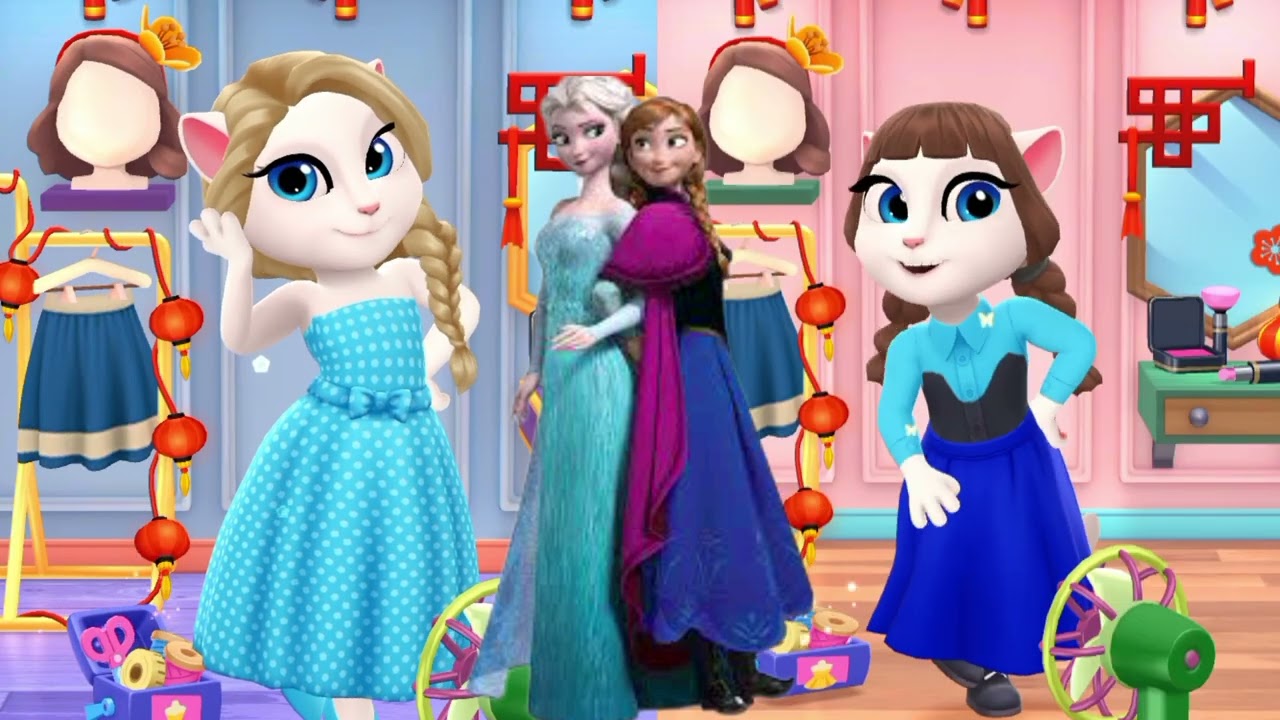 Frozen Sister Elsa & Anna with Talking Angela 2 😺❄️Talking Angela 2   Frozen Sisters 👭❄️