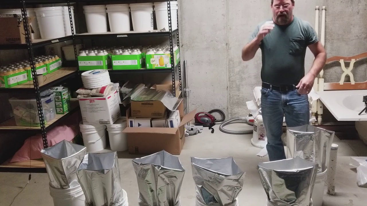 Long term food storage. Rice in Mylar bags, stored in food grade buckets.