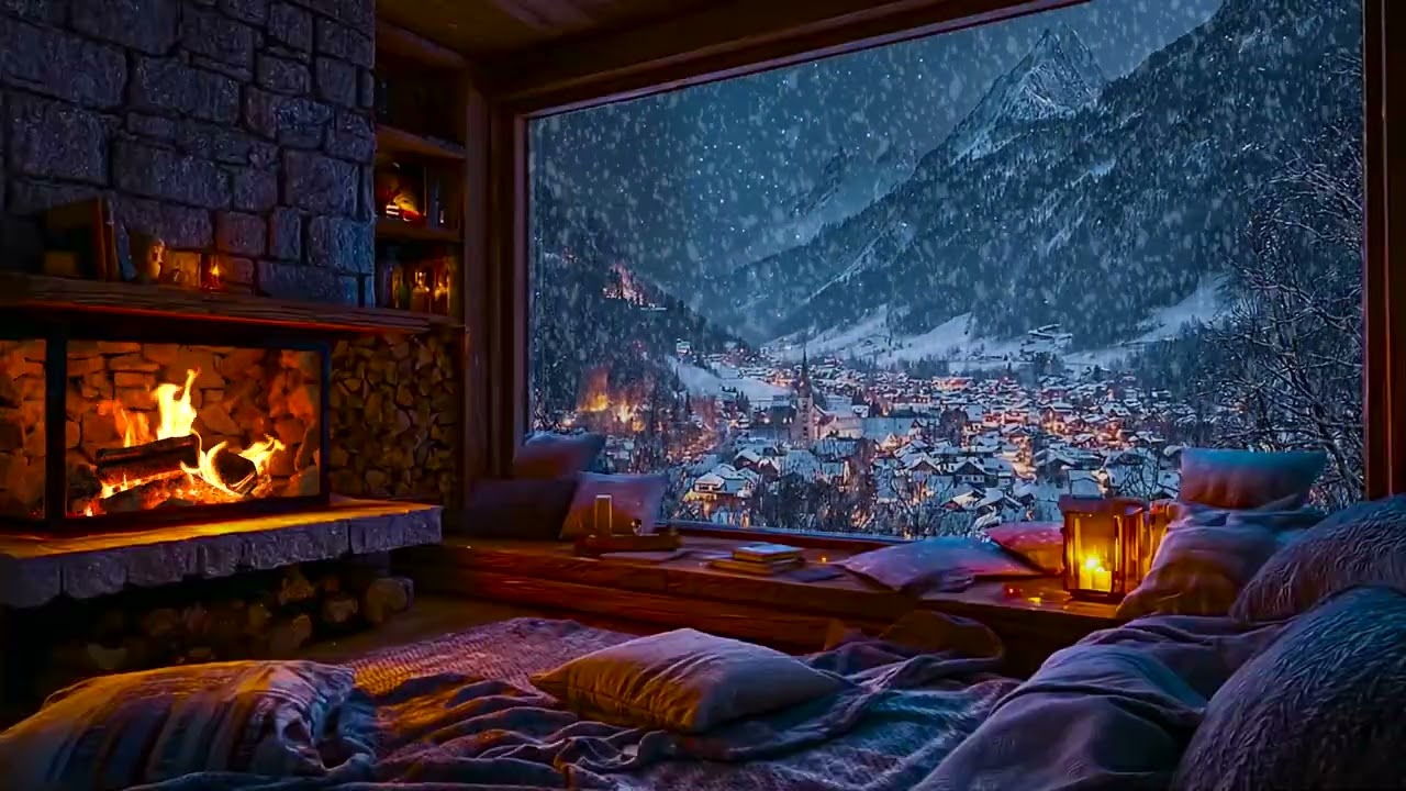 Peaceful Snowy Cabin Night with Soft Fire Crackling & Calm Snowfall Sounds for Sleep, Study & Focus