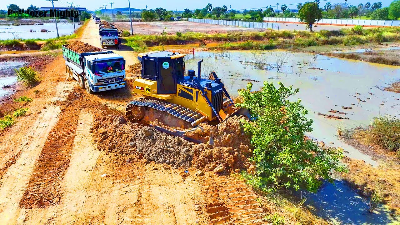Many trucks preparing to dump soil, Land filling, Bulldozer SHANTUI DH17C3 Push Land