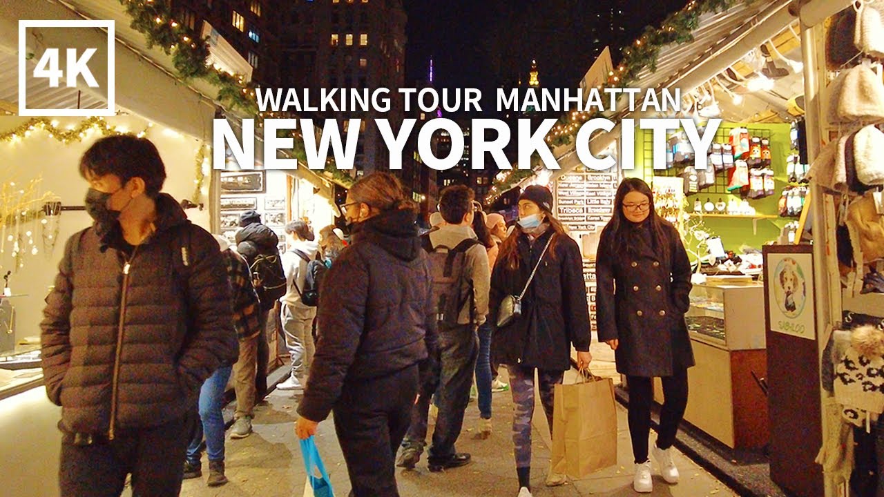 [4K] NEW YORK CITY - Evening Walk Manhattan, Union Square, Holiday Market & Broadway, Travel, NYC