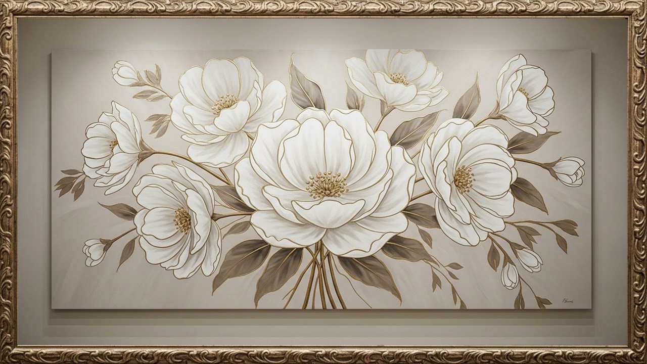 Timeless Minimal White & Gold Floral Art  Elegant Framed 4K Visuals