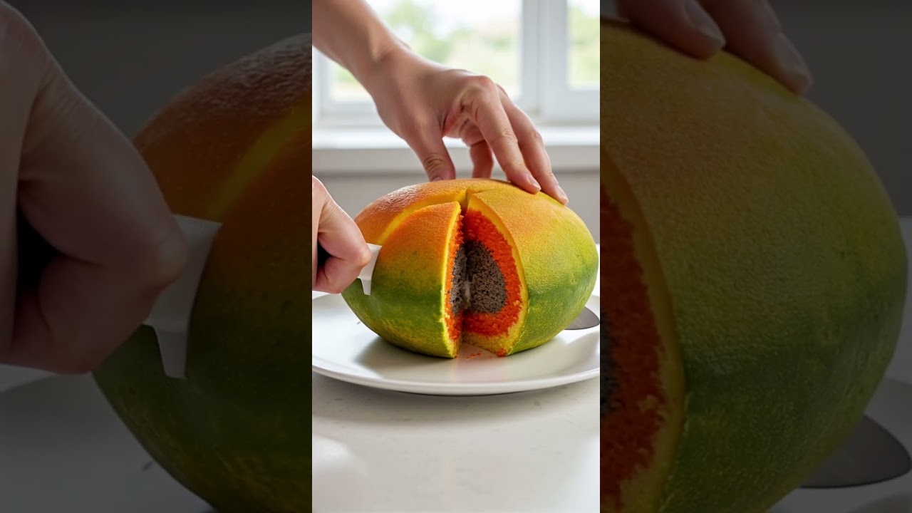 Papaya Cake Slicing: Colorful & Dreamy Slice!
