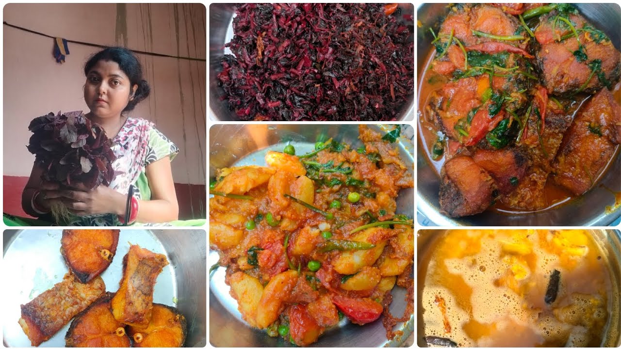 Bengali village cooking fish curry lal shak fry potato tomato sabji daal 👌🎏🍛