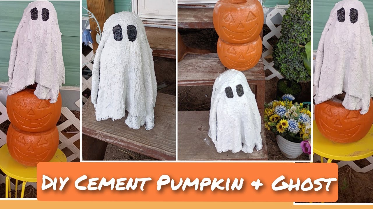 Halloween cement ghost and pumpkin decorations