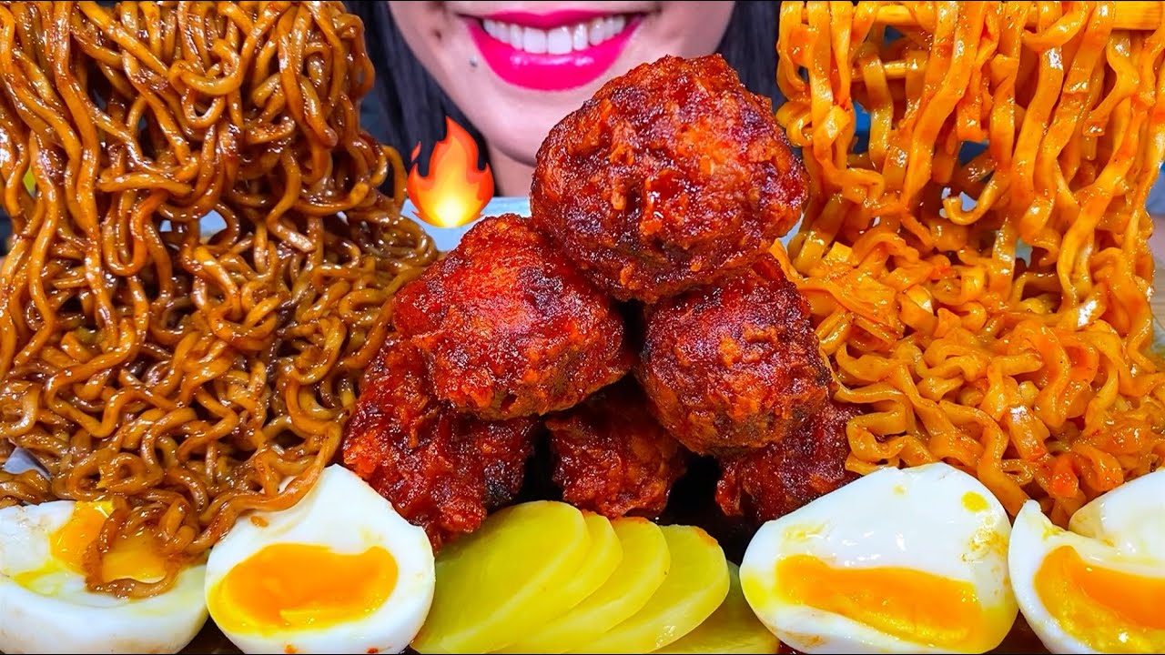 ASMR BLACK BEAN NOODLES, FIRE NOODLES, SPICY FRIED CHICKEN, SOFT BOILED EGGS MASSIVE Eating Sounds