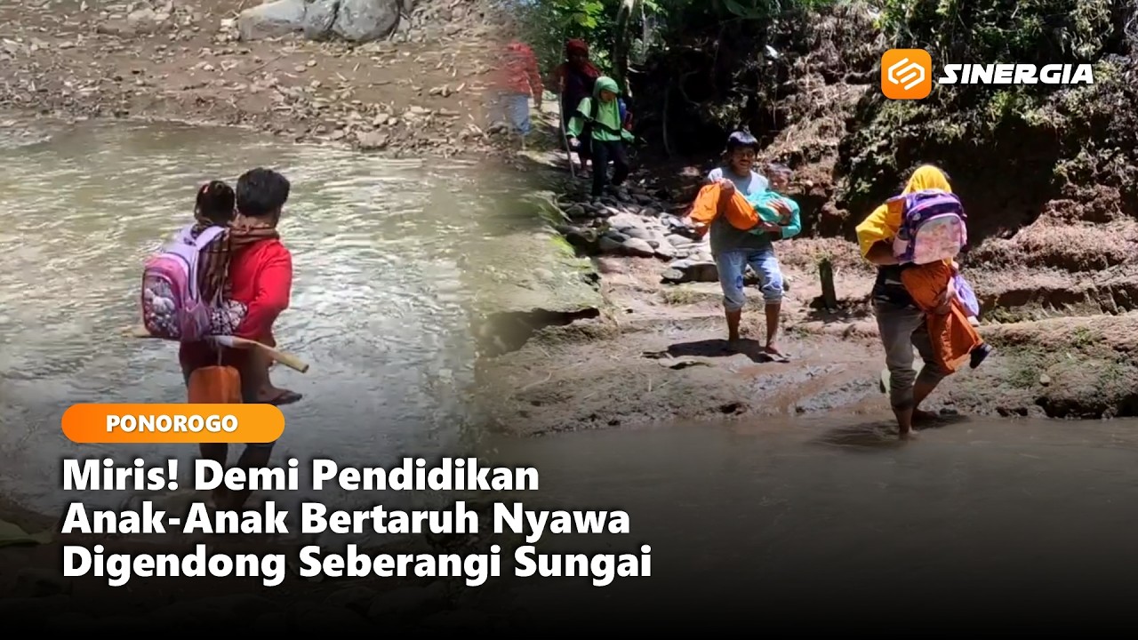 PONOROGO - Ironis! Demi Pendidikan Siswa Bertaruh Nyawa Digendong Seberangi Sungai