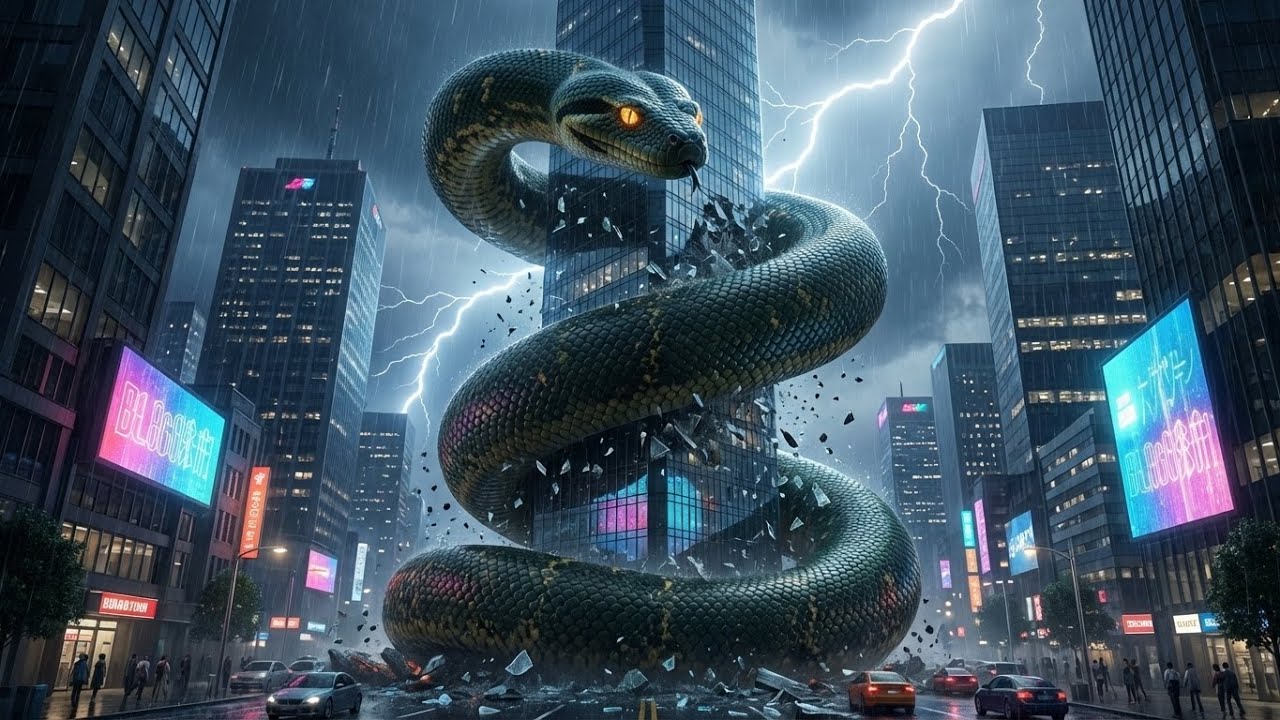 City Python: GigaPython Devours the City on a Rainy Night — The Untamed Wild