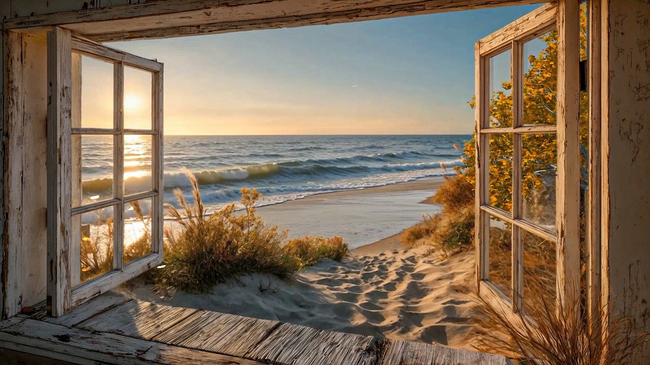 Golden Sunset Ocean Waves from Cozy Beach Window 🌊 Warm Seaside Ambience for Relaxation, Sleep