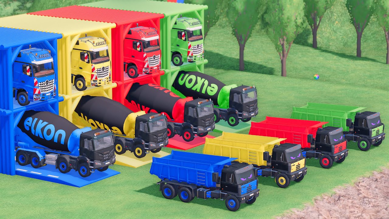 Trucks With COLORS - IVECO MIXER TRUCK and TATRA DUMP TRUCK with MERCEDES FLATBED TRAILER TRUCK