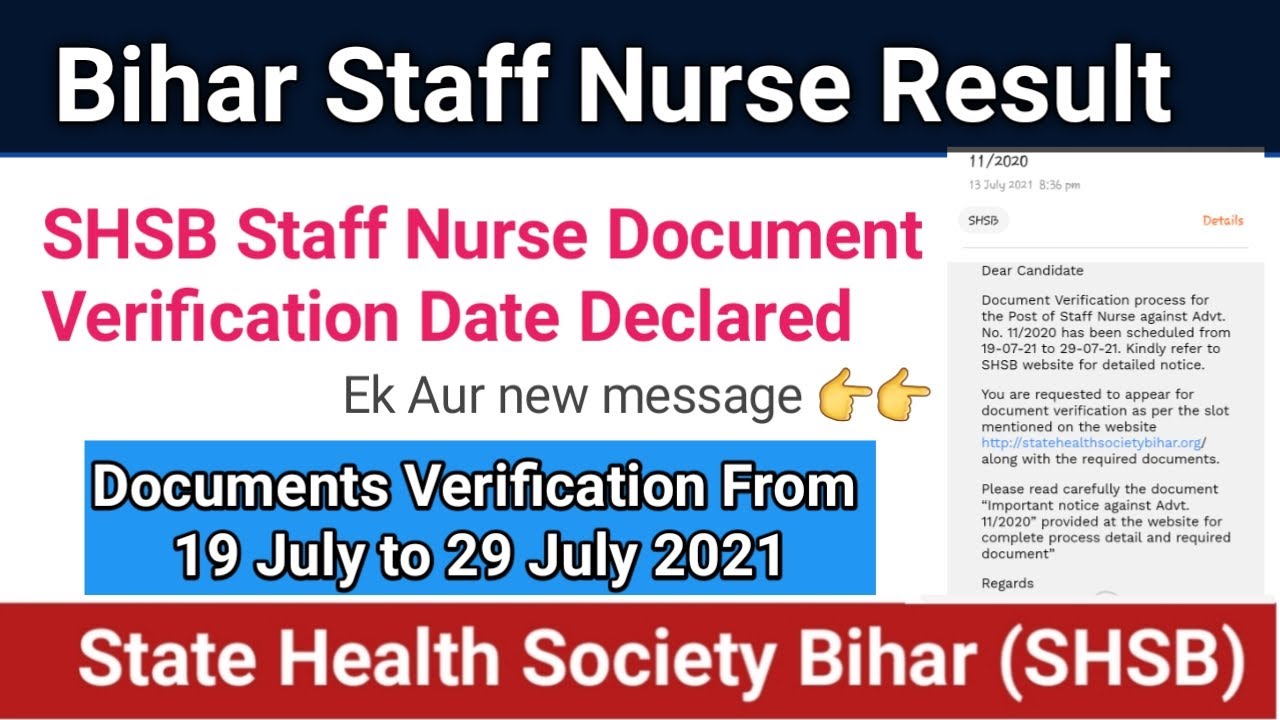 Bihar Staff Nurse Result & Document Verification From 19 July - 29 July 2021 SHSB Staff Nurse Result