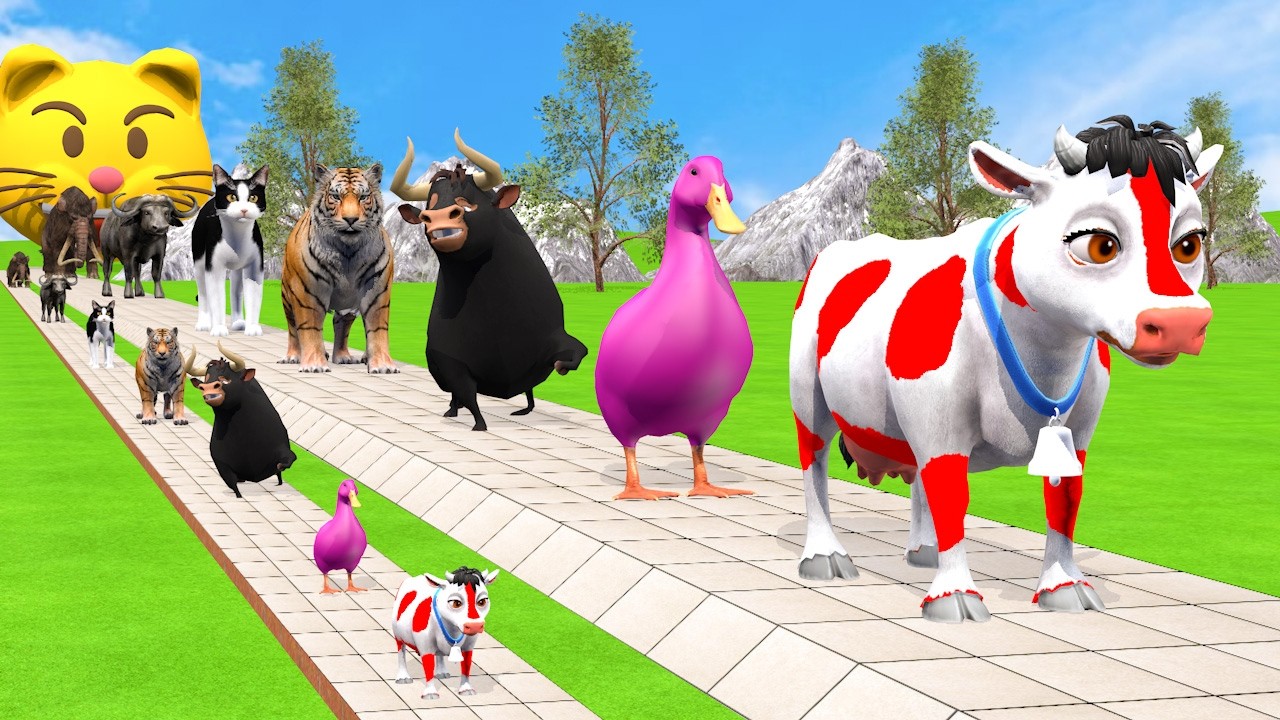 Long Slide Game With Cow Elephant Gorilla Hippopotamus Tiger - 3d Animal Game - Funny 3d Animals